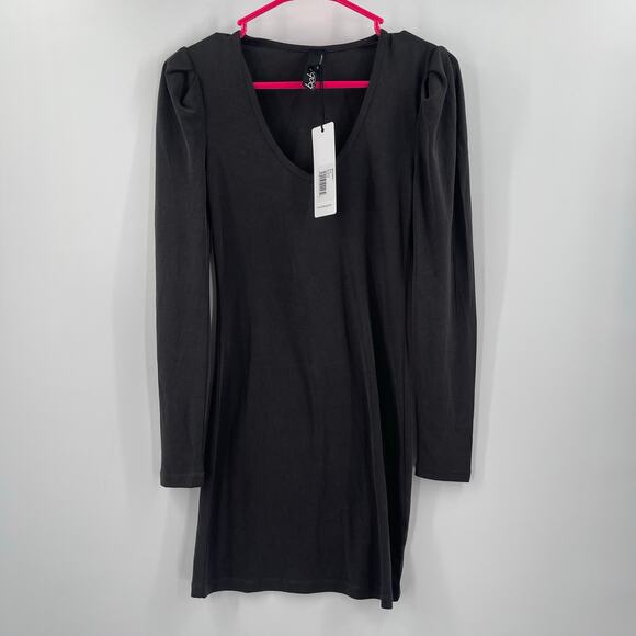 BOBI LOS ANGELES Dress Size Small Gray NWT Mini Long Sleeve Puff V-Neck Ribbed - Picture 11 of 11